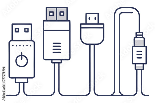 USB Cable and Charger Connector Line Icons Set | Type-C, Lightning, Micro USB, and Standard USB Vector Illustration.