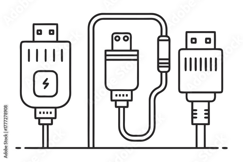 USB Cable and Charger Connector Line Icons Set | Type-C, Lightning, Micro USB, and Standard USB Vector Illustration.