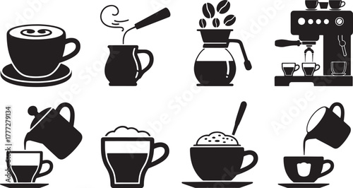 Black vector icons depicting coffee preparation and drinks saucer espresso machine