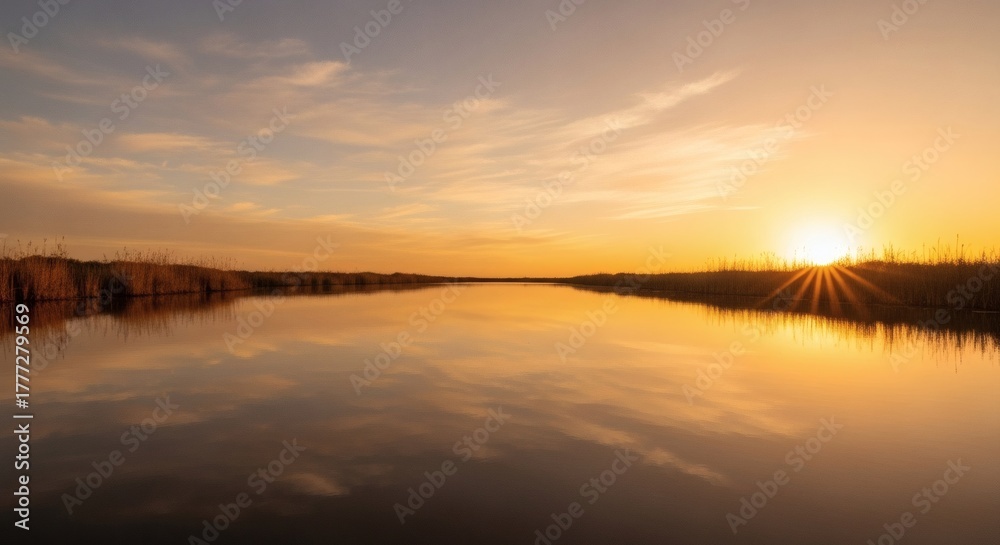 Naklejka premium Serene landscape water reflecting a vibrant sunset, reeds lining the banks. Warm colors