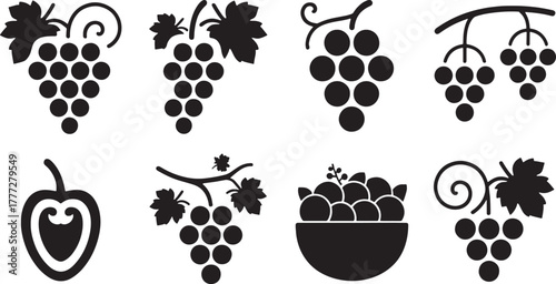 Collection of black grape clusters and a stylized fruit icon grapes food