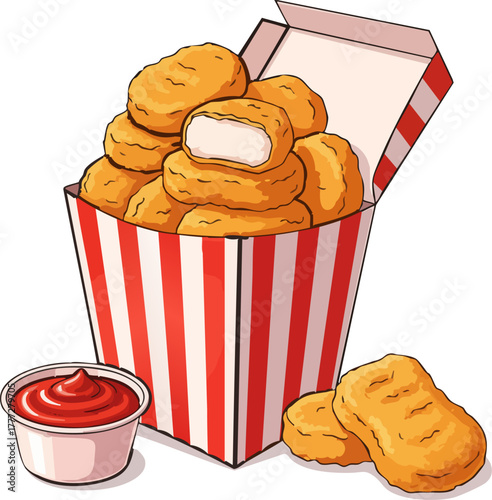 Box of crispy chicken nuggets with ketchup, digital illustration isolated.