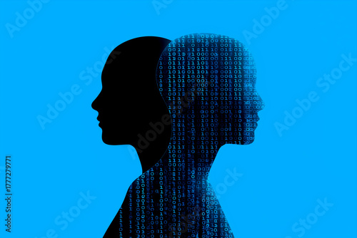 A silhouette of two human heads in profile, one filled with binary code, set against a blue background, symbolizing the intersection of humanity and technology.