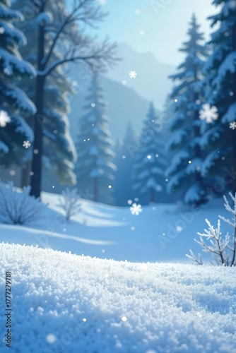 Large snowflakes gently falling on a pristine, untouched landscape The scene is peaceful and serene, perfect for winter themes and holiday imagery , snowy landscape, tranquil