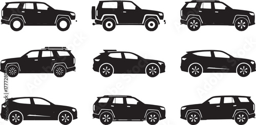 Collection of nine black S U V vehicle silhouettes with white outlines and detailed wheels vector