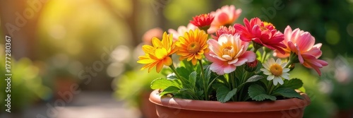 A cheerful array of colorful flowers blooming vibrantly in a terracotta pot, bathed in warm sunlight Perfect for spring and summer gardening themes , potted plants, green