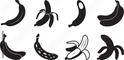 Eight black silhouette bananas whole peeled and spotted on white background fruit food