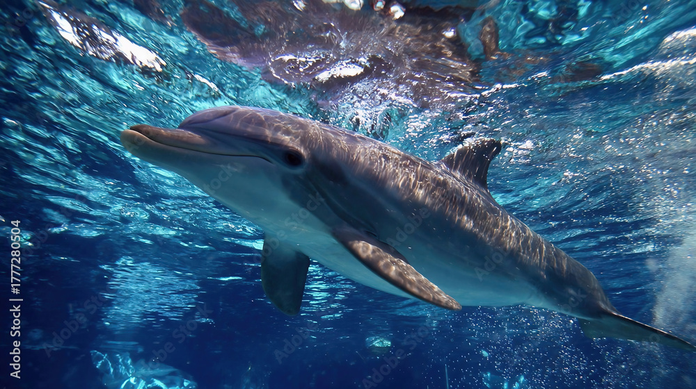 Fototapeta premium A vibrant underwater scene showcasing dolphins gracefully swimming through a lush kelp forest, sunlight streaming through the water, illuminating the swaying kelp and creating a serene marine paradise