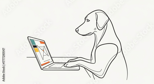 A humorous, minimalist line art illustration of an anthropomorphic dog sitting at a desk and typing on a laptop. This funny, modern vector drawing represents concepts like working from home.