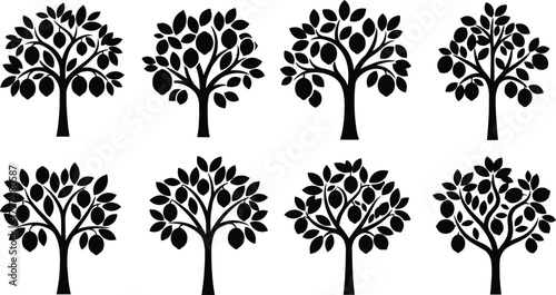 Minimalist black tree silhouette icons, nature design elements, botanical vector set, eco friendly illustration pack, abstract forest graphic collection, isolated