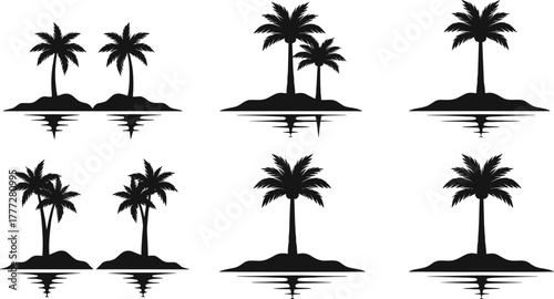 Palm tree island silhouette vector illustration, tropical beach reflection design, exotic summer vacation paradise, travel holiday nature landscape decoration art