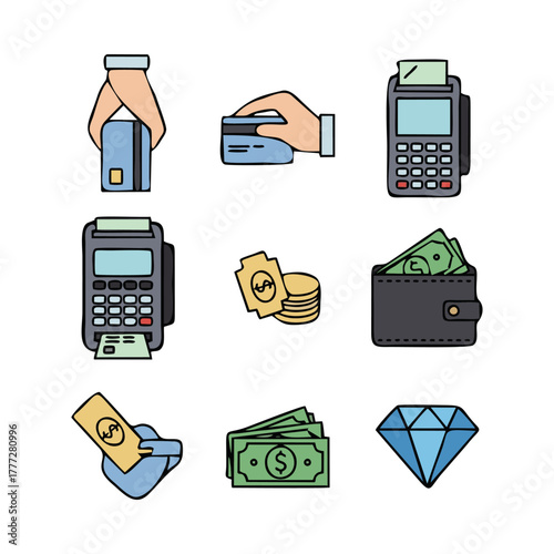 Icons of payment methods and wealth, including cards, cash, and a diamond.
