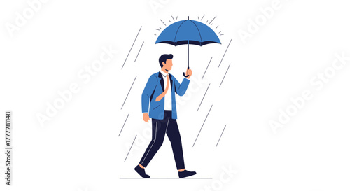 Navigating challenges: A determined man walks through rain with an umbrella against uncertainty