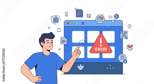 Frustrated user encountering an error alert on a computer interface depiction concept