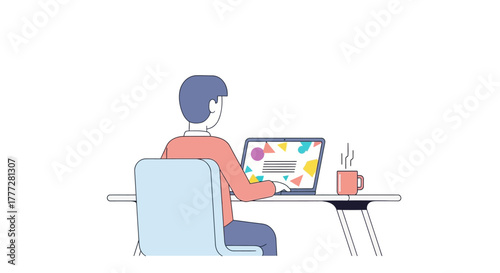 Person working from home at a desk on their laptop with a steaming cup beside them