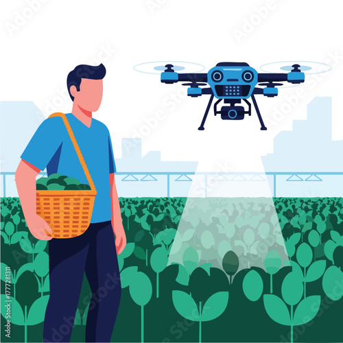Portrait of a farmer carrying a basket of vegetables.