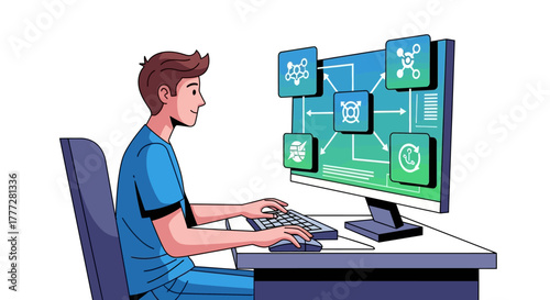 Illustrative depiction of a person using software with graphical interface elements on computer