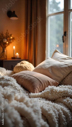 A cozy and inviting scene featuring soft lighting, plush textures, and comforting details; perfect for projects focusing on warmth, relaxation, and well-being , soothing, home decor, well-being