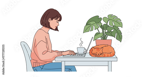 Cozy workspace illustration featuring a woman working alongside her sleeping feline companion