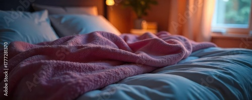 Cozy fleece blanket draped over a bed, soft lighting creating a warm and inviting sleepy atmosphere Perfect for relaxation and peaceful slumber , serenity, calm, fleece