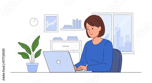 Woman working on laptop at home, showcasing modern minimalist lifestyle and cozy remote work setup