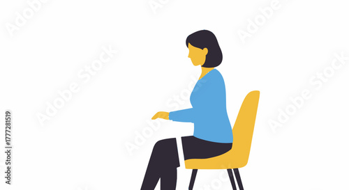 Flat vector graphic of a woman sitting on a yellow chair against a white background with copy