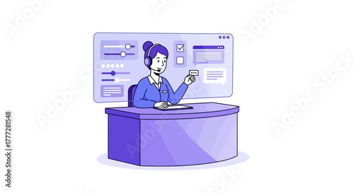 Customer support representative assisting online with communication, a virtual helpdesk illustration