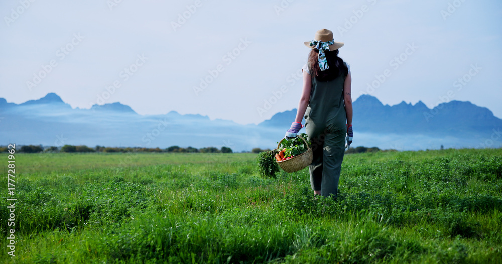 Fototapeta premium Farm, walking and back of woman with vegetables for growth, healthy crops and harvest. Agriculture, space and person with basket for environment, ecology and organic produce for sustainability