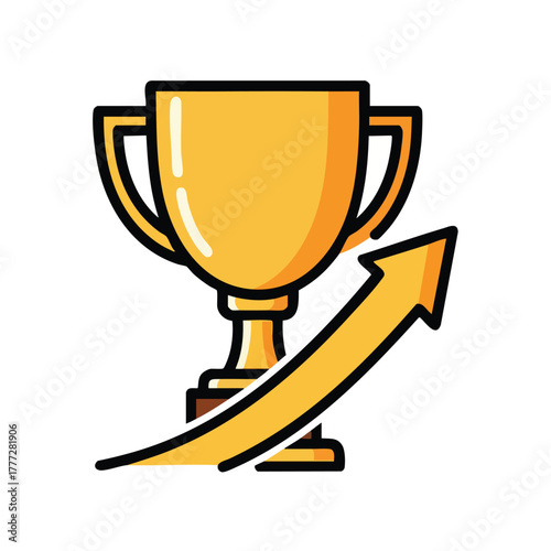 Shiny cartoon trophy with upward arrow symbolizing victory.