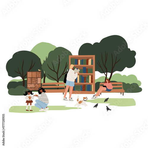 Flat vector illustration of park: man picking book at outdoor library, woman reading on bench, African American mother with daughter feeding birds, dog playing on grass. Green space with trees, nature