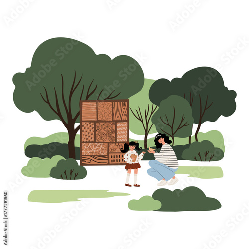 Flat vector illustration of park: mother and daughter feeding birds near wooden insect hotel. Green space with trees, summer nature, outdoor leisure area, eco zone, family relaxation in public place.