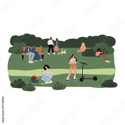 Flat vector illustration of park: Caucasian, African American, and Muslim people of all ages. Couple walking dog, family feeding birds, girl with scooter, people reading, meditating, and relaxing.