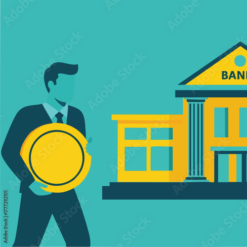 Stylized Businessman Holding Large Coin Illustration.