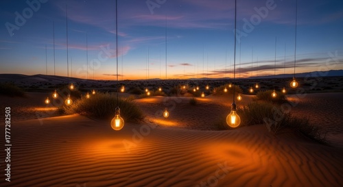 Fototapeta Naklejka Na Ścianę i Meble -  A desert landscape with hanging light bulbs casting a warm glow on the sand dunes.