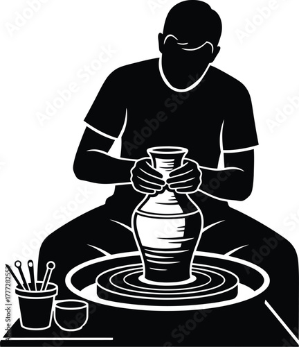 Silhouette vector of person crafting pottery on wheel