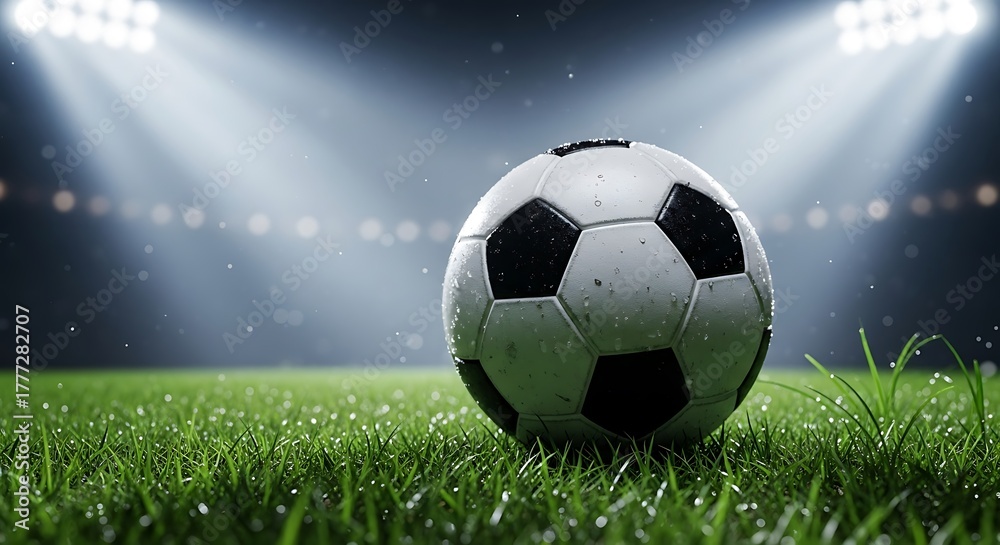 Naklejka premium Soccer ball on green grass under stadium floodlights, focus on texture and detail, concept of competition and championship