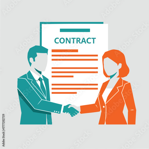 Two businesspeople shaking hands over contract agreement.