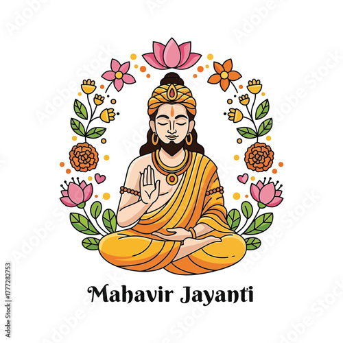 Flat illustration of Mahavir Jayanti with Flowers Accent Graphic