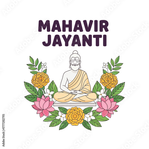 Flat illustration of Mahavir Jayanti with Flowers Accent Graphic