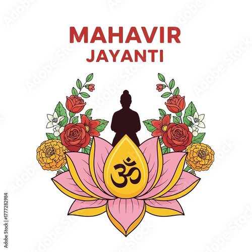 Flat illustration of Mahavir Jayanti with Flowers Accent Graphic