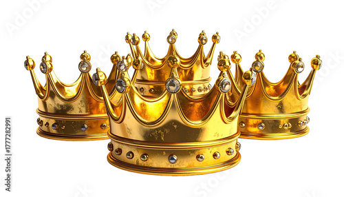 Three ornate gold crowns, embellished with jewels, close-up view