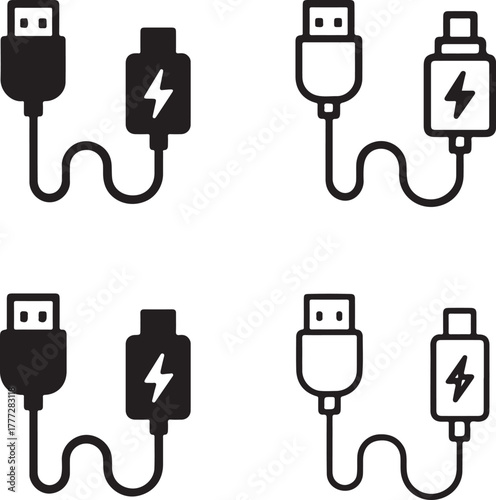 Charging cable icon set, power energy cable symbols, editable black vector, solid black line outline filled minimal thin stroke, electronic charging cable icons for tech and gadget buyers