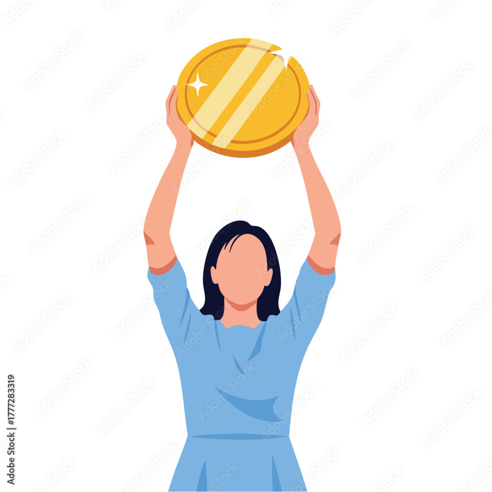 Fototapeta premium Woman holding a large gold coin raised above her head illustration.