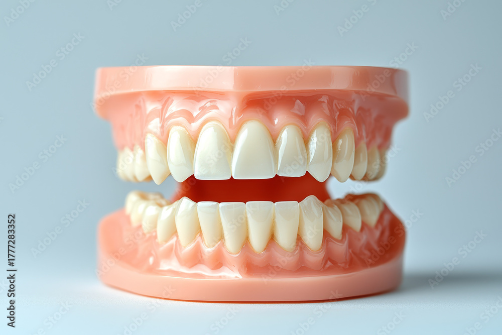 Obraz premium Realistic dental model showcasing a full set of white teeth against a clean light blue background.