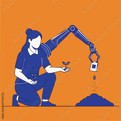 Woman with robotic arm planting seed in soil.