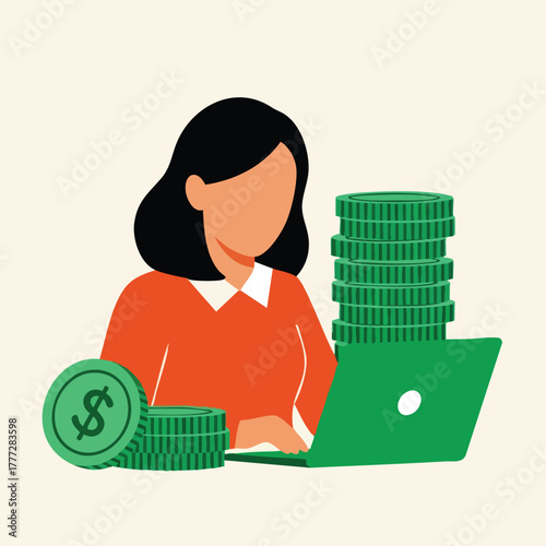 Woman working on laptop with stacked coins.
