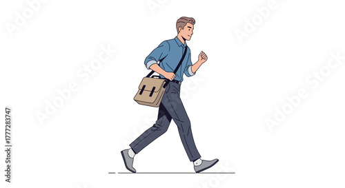 Illustration of a young businessman running with a briefcase late for an appointment urgently hurry