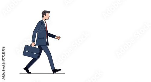 Dynamic illustration of a businessman in a blue suit confidently walking forward with briefcase