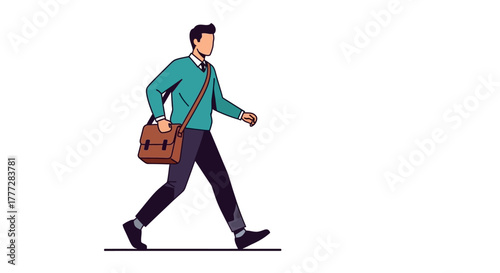 Stylized vector illustration depicting a man walking with a satchel on a white background