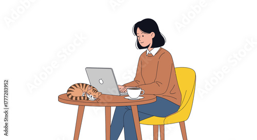 Woman working at a table with a laptop and a cat sleeping next to her illustration